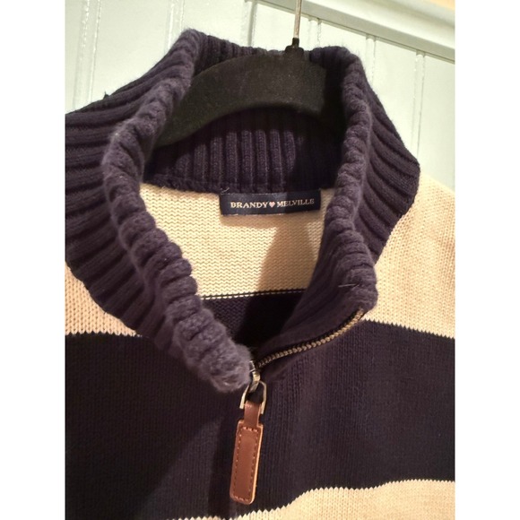 Rugby Brandy Melville Brianna Striped Quarter Zip Sweater Navy Cream Cotton M-L - Picture 3 of 6